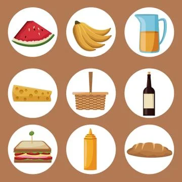 Color background with circular frames of picnic food and elements Illustrazione stock