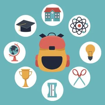 Color background with closeup briefcase school and elements academic in icons Stock Illustration