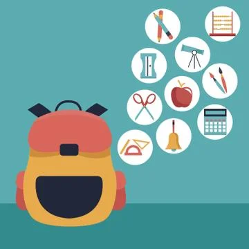 Color background with closeup briefcase school and icons floating of elements Stock Illustration