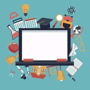 Color background with closeup chalk board and set school elements icons around Stockillustratie