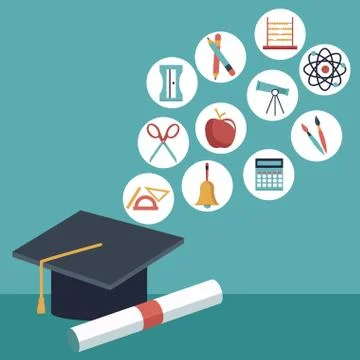 Color background with closeup graduation cap and certificated with elements Illustrazione stock