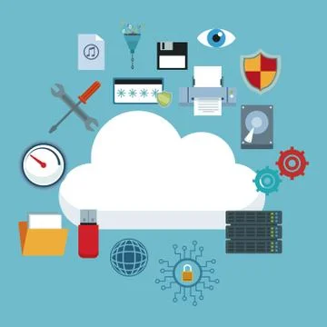 Color background with cloud storage and technology elements in icons floating Illustrazione stock
