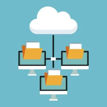 Color background with cloud storage and computer display group with folders Illustrazione stock