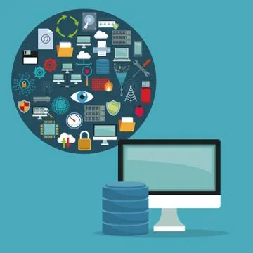 Color background with computer display and circular frame with set collection Illustrazione stock