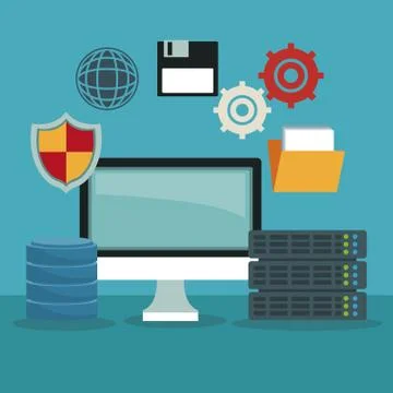 Color background with computer display and technology elements Stock Illustration