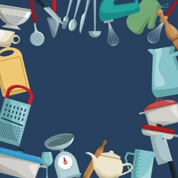 Color background with decorative border of different elements kitchen around 스톡 일러스트