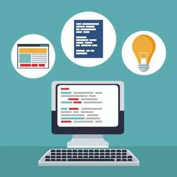 Color background desk computer device with icons in circular frame of web Stockillustratie