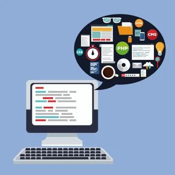 Color background desk computer device with with dialog box and programming Stock Illustration