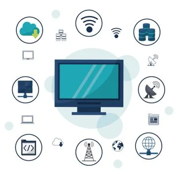 Color background with desktop computer and icons network connections and Illustrazione stock