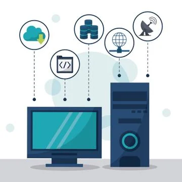 Color background with desktop computer in closeup and network storage icons on Stock Illustration