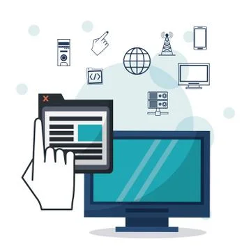 Color background with desktop computer in closeup with window app and networking Stock Illustration