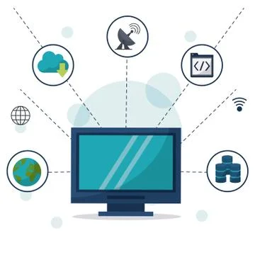 Color background with desktop computer in closeup and network connections and 스톡 일러스트