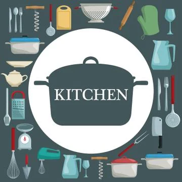 Color background with different elements of cooking and circular frame with pot Illustrazione stock