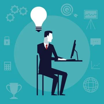 Color background with executive man sitting in desk with tech device in office Stock Illustration