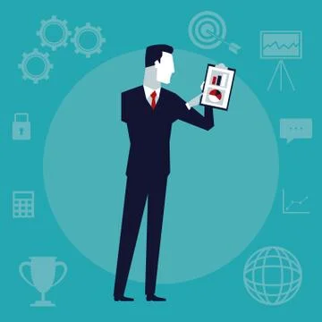 Color background with executive man with table pad with graphics Illustrazione stock