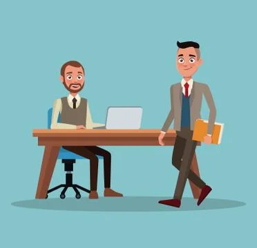 Color background full body set of executive men in workplace and desk with Stock Illustration
