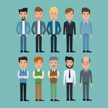 Color background full body set of multiple men characters for business Illustrazione stock