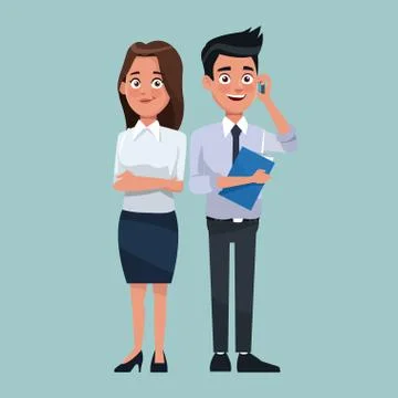 Color background full body set pair of woman short wavy hair and man with folder 스톡 일러스트