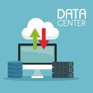 Color background with global cloud storage and computer display with rack server Illustrazione stock