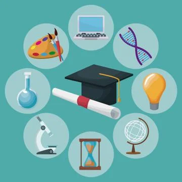 Color background graduation cap and certificate with icons academic knowledge Stock Illustration