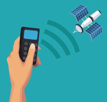 Color background of hand holding a remote control with satellite search signal Stock Illustration