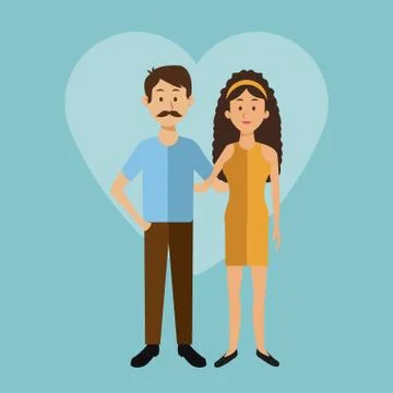 Color background with heart shape of full body couple bearded man and woman in Ilustración de archivo
