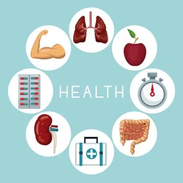 Color background with icons in circular frame of health elements Stock Illustration
