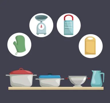 Color background with icons elements of kitchen and wood shelf with set pots 스톡 일러스트