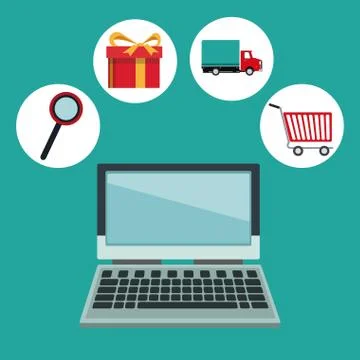 Color background with laptop computer and online shopping elements in circular Stock Illustration