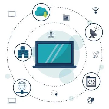 Color background with laptop computer and icons network connections and Stock Illustration