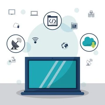 Color background with laptop computer in closeup and communication icons and Stock Illustration