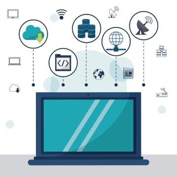 Color background with laptop computer in closeup and network storage icons on Stock Illustration