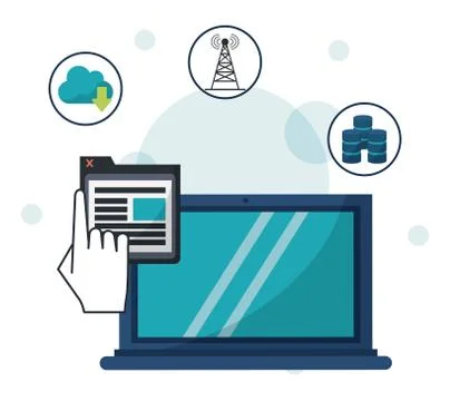 Color background with laptop computer in closeup with window app and networking Stockillustratie