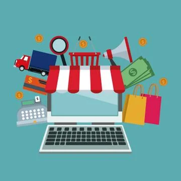 Color background with laptop computer store with awning and elements icons Stock Illustration