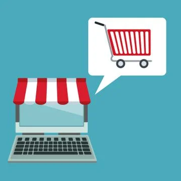 Color background with laptop computer store with awning and dialog box with cart Stock Illustration