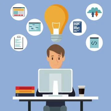 Color background man in desk with tech computer and icons programming language Stock-Illustration