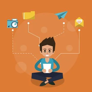 Color background of man sitting with tablet device and computer icons apps on Stockillustratie