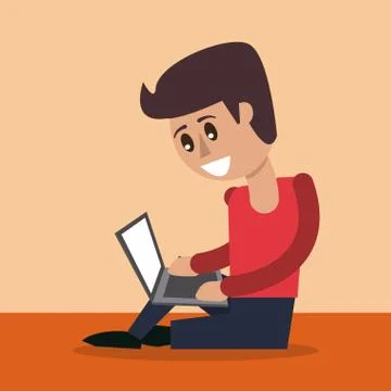 Color background of man sitting working in laptop computer in side view Illustrazione stock