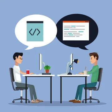 Color background men worker in desk with computer and icons programming codes in 스톡 일러스트