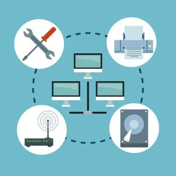 Color background with networking computer technology elements in icons around Stockillustratie