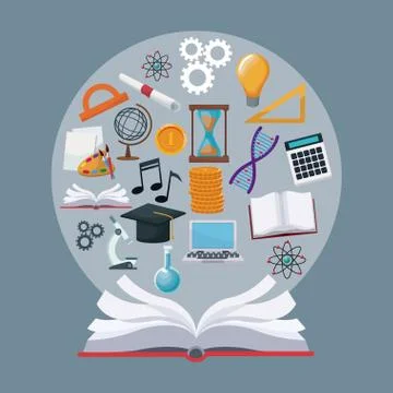 Color background open book with circular border icons academic knowledge 스톡 일러스트