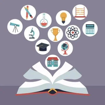 Color background with open book with elements school icons floating Stock Illustration