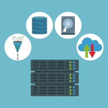 Color background with rack server router and technology elements in icons Illustrazione stock