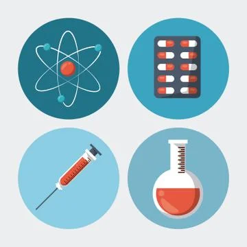 Color background with round frames with medical elements atom pills syringe test 스톡 일러스트