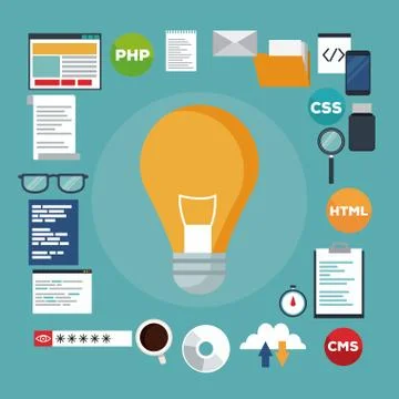 Color background set elements programming codes language and light bulb Stock Illustration