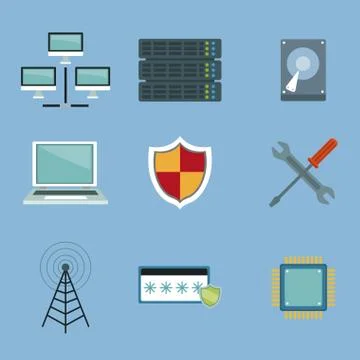 Color background with set elements server and networking technology Illustrazione stock