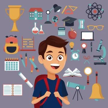 Color background with set school elements and student with bag Stock Illustration