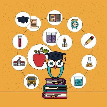 Color background with sparkles of owl on stack of books with education element Stockillustratie