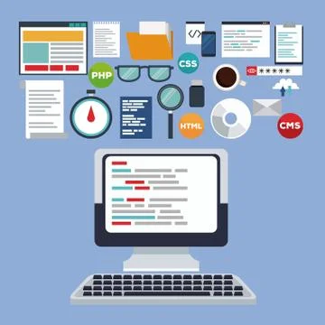 Color background tech computer device with elements programming codes language Stock Illustration