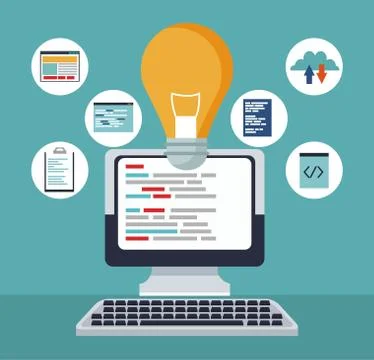Color background tech computer with icons programming codes and light bulb Stock Illustration